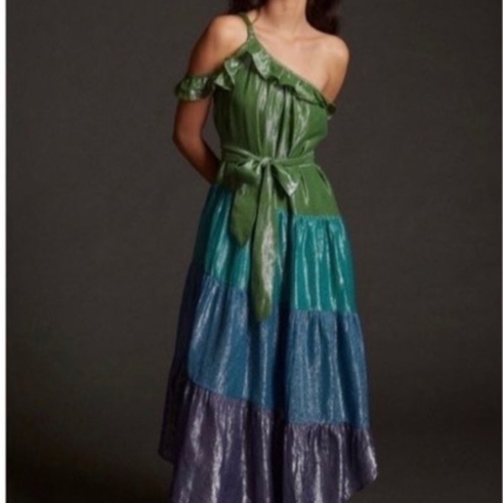 Anthropology Green and Blue Off-Shoulder Dress